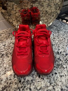 Nike Wmns Air Max DN8 sneakers in Laser Red and black.